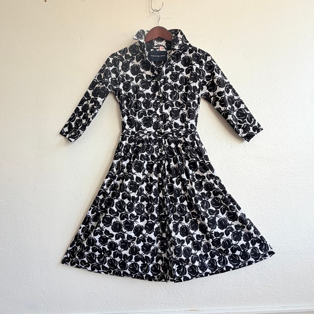 Samantha Sung Audrey Floral Shirt Dress Black White Cotton Fit Flare Sz 2